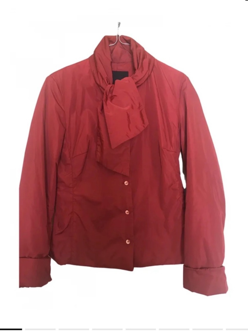 Prada Red Women's Puffer Jacket with Attached Neck Scarf